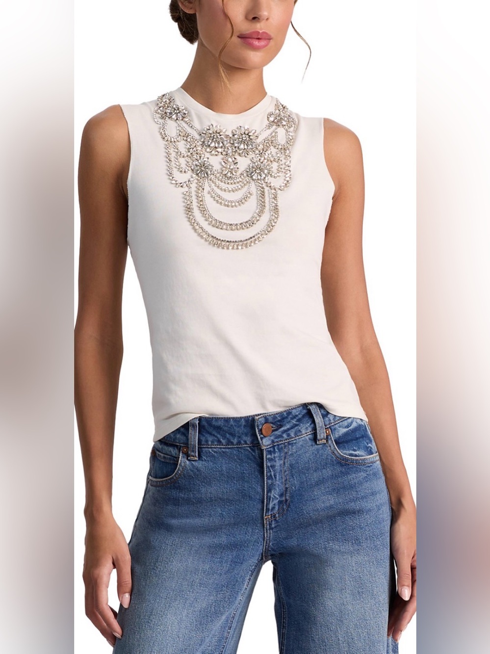 Alice + Olivia Dede Rhinestone Embellished Tank Top in Off White